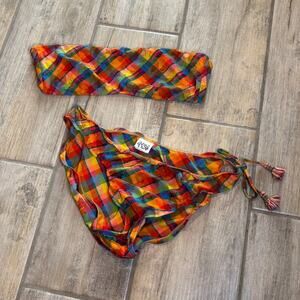 Girl Star Bikini Bandeau Orange Blue Green Print Check Retro Vintage 1990s Large